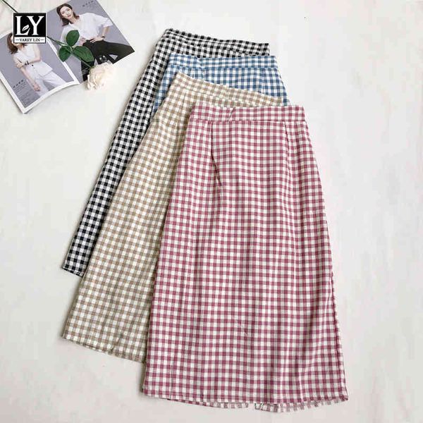 

suits spring summer women sweet plaid high waist mid length casual split pink a-line skirts female, Black