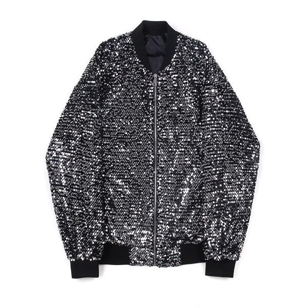 

men's jackets fashion sequined bling glitter bomber jacket coat reflective hip hop streetwear singer nightclub clothing man, Black;brown