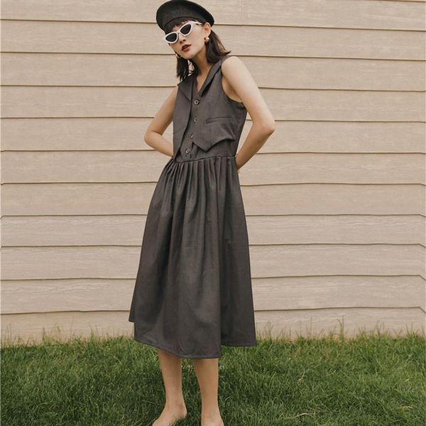 

women dress elegant v neck sleeveless loose summer work solid color ladies casual dresses, Black;gray