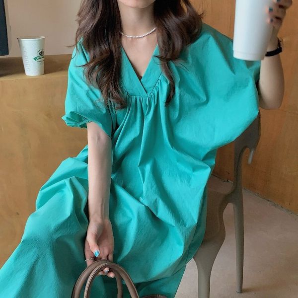 

luxury casual dresses 2021 summer v-neck loose bubble sleeve medium length skirt court women's drs, Black;gray