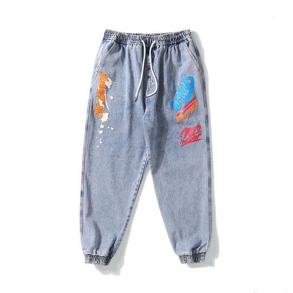 

fashionable men's jeans with foot binding style loose fit, Blue