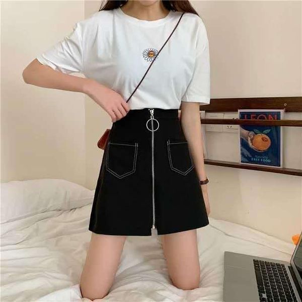 

skirts spring & autumn 2021 black metal ring zipper women girl casual skirt