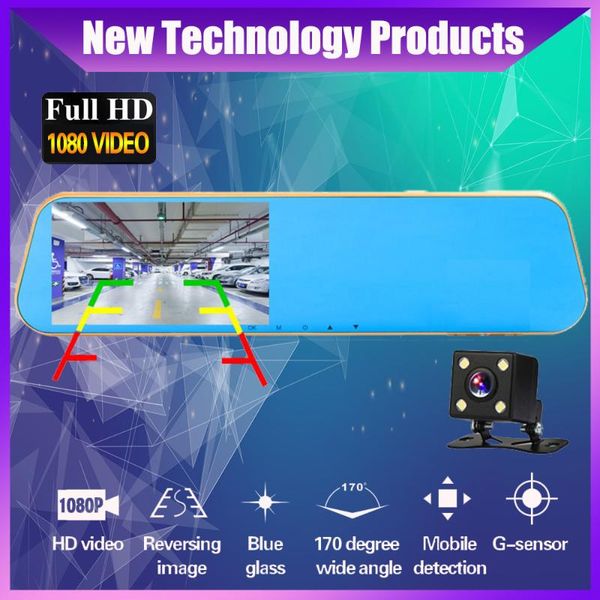 

car dvr camera auto 4.3inch golden rearview mirror dash digital video recorder dual lens registratory camcorder dvrs