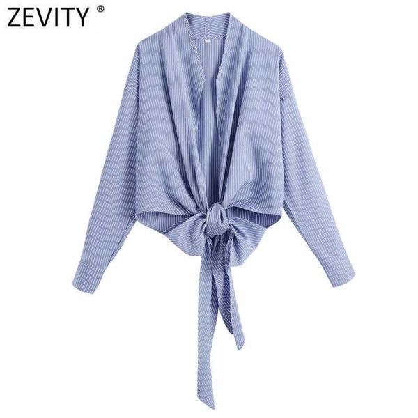 

zevity women cross v neck striped print wrapped short slim smock blouse female hem bow tied kimono shirt roupas chic ls9113 210603, White