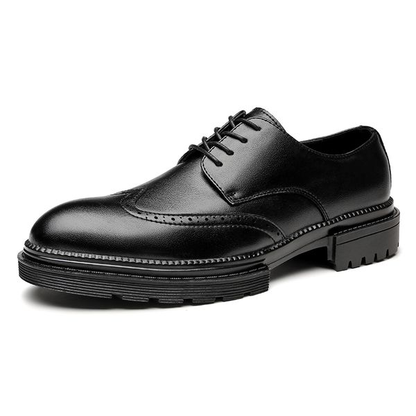

dress shoes trend genuine leather men brogue derby round toe business office suit wedding thick sole casual vmxx, Black