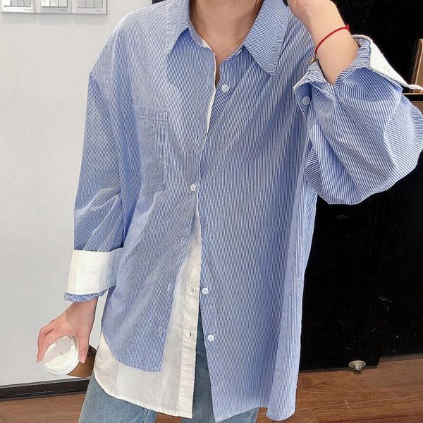 

women's blouses & shirts [ewq] korea autumn casual trendy women lapel single-breasted striped fake two-piece fashion loose long-sleeved, White