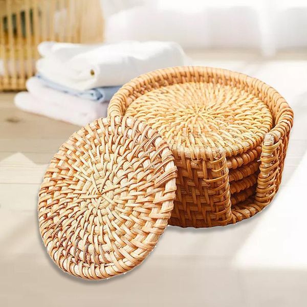 

mats & pads 6pcs round rattan coasters bowl pad handmade insulation placemats table padding cup kitchen decoration accessories