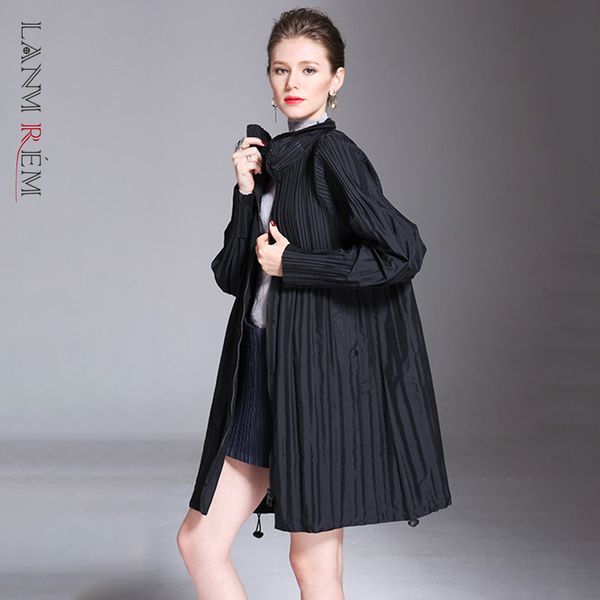 

fashion turn down collar pleated zipper overcoat female's black gray full sleeve trench vestido yf364 210507, Tan;black