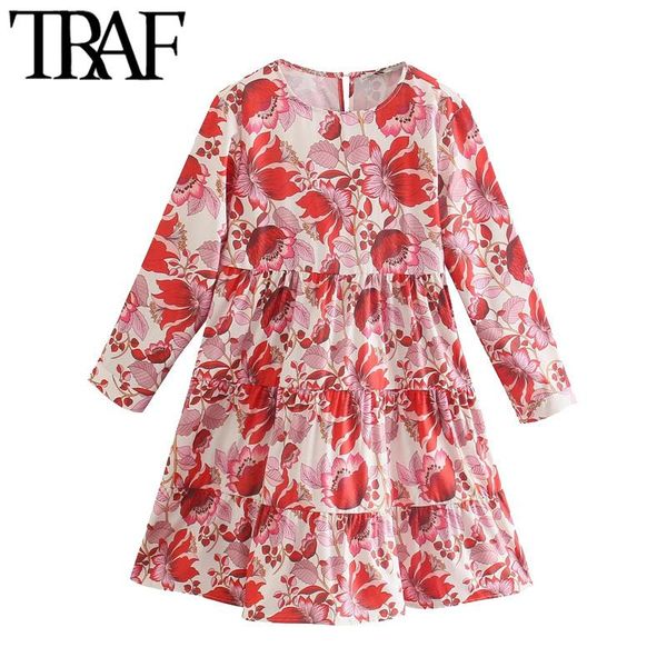 

casual dresses traf women chic fashion floral print ruffled mini dress vintage o neck three quarter sleeve female vestidos, Black;gray