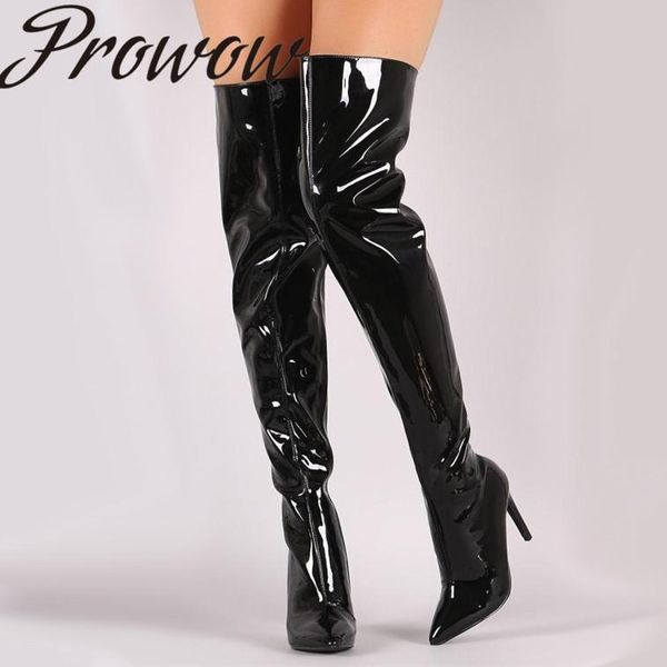

dress shoes prowow 2021 fashion women's patent leather boots above the knee, Black
