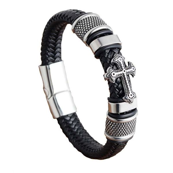 

souvenirs hand catenary stainless steel cross leather rope bracelet men's woven metal jewelry magnetic buckle