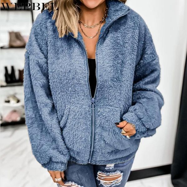 

women's jackets wepbel winter solid color plush coat autumn loose pockets warm long sleeve turn-down collar cardigan zipper, Black;brown