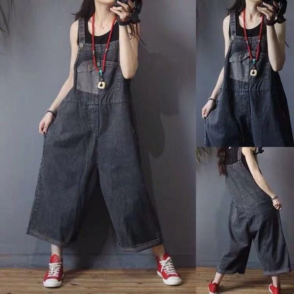 

women's jumpsuits & rompers lady retro ripped wide leg denim jumpsuit women personality summer 2021 womens casual loose, Black;white