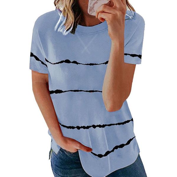 

women's t-shirt clothing spring and summer fashion tie-dye printed striped loose short-sleeved plus size, White