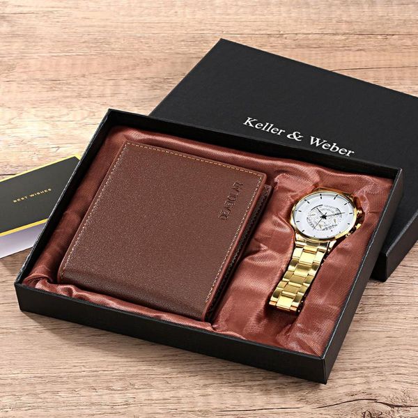 

wristwatches luxury watch 2021 stainless steel male quartz wallet set for men leather wallets clock business gift boyfriend, Slivery;brown
