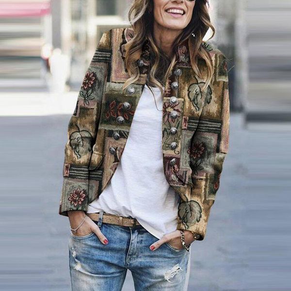 

women's jackets ladies printed suit jacket double-breasted long-sleeved stand-up collar cardigan 2021 spring and autumn casual fashion, Black;brown
