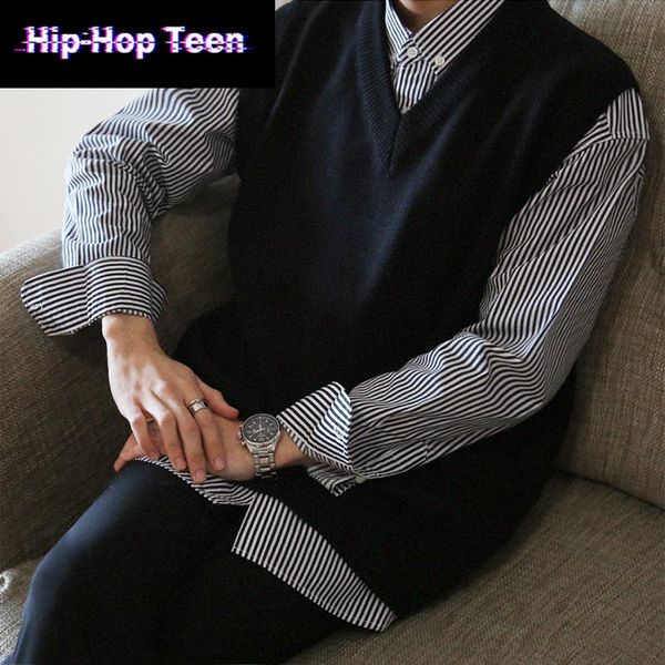 

men's vests 2021 black sweater vest mens sleeveless plus size 3xl autumn winter koreane v-neck student couple knitted men solid, Black;white