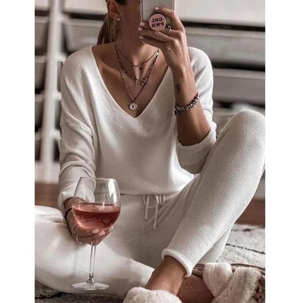 

women's two piece pants autumn winter women sets comfort elasticity casual homewear knitted with trousers suit long sleeve pajamas, White