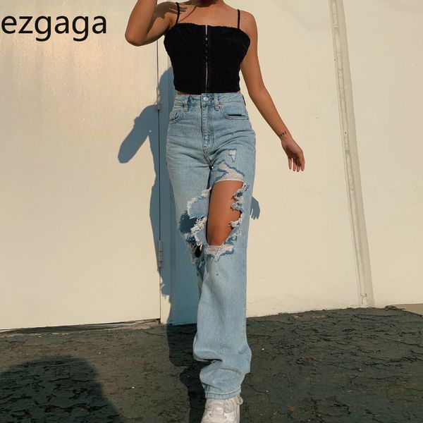 

ezgaga ripped jeans for women high waist washed vintage streetwear trouser autumn loose hole denim pants fashion femme pantalon 210430, Blue