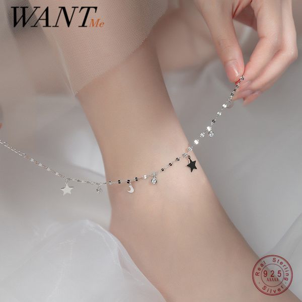 WANTME 925 Plata de Ley de lujo brillante circón estrella Luna cadena romántica tobillera para mujeres Simple moda coreana encanto joyería