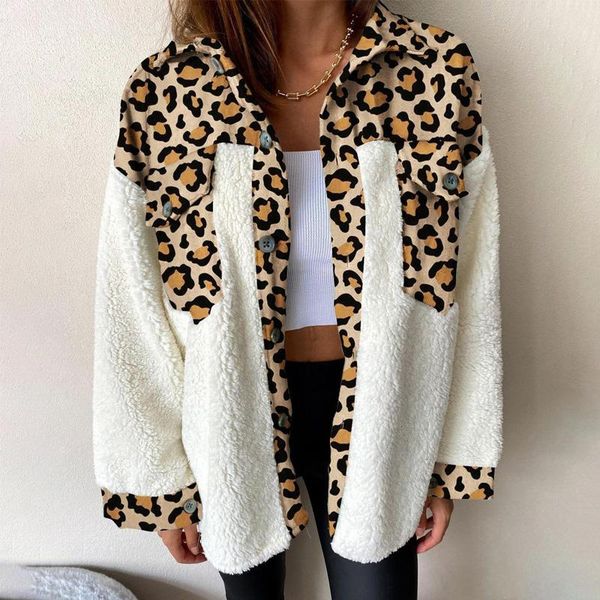 

women's jackets leopard plush colorblock vintage pocket women jacket long sleeve loose casual lady fashion single breasted plus size w, Black;brown