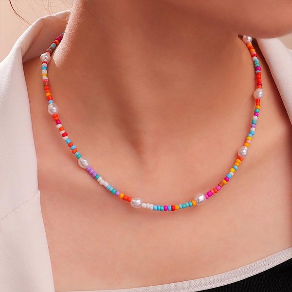 

chokers bohemian vintage colorful beads pear short necklace for women summer collar clavicle choker girl gift female jewelry, Golden;silver