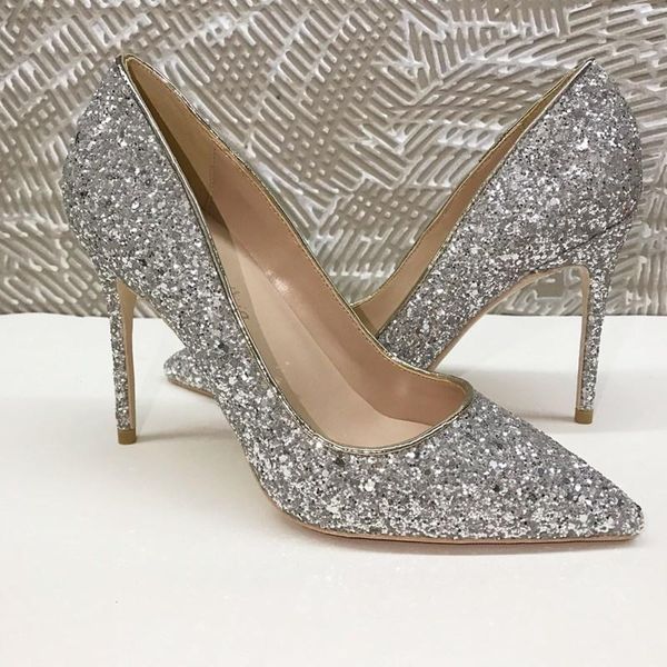

dress shoes real pos woman silver crystal sequined bridal pointed toe wedding heel women stiletto, Black