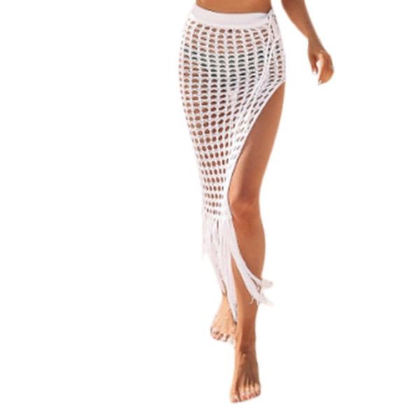 

one-piece suits womens high waist hollow out crochet knit maxi skirt fringe tassels hem side split see-through summer beachwear sarong cover