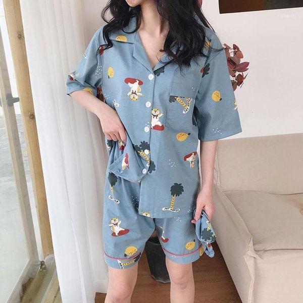 

women's summer cotton 2pcs sleepwear blue cute cartoon pajamas set suit short sleeve casual homewear women pyjamas 11 9r5g, Black;red