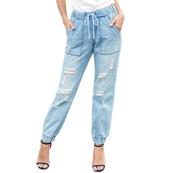 

casual pants loose slim high waist jeans women's drawstring elasticated and american ripped a032, Blue
