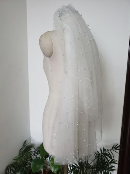 

bridal veils 2 layer champagne veil fingertip veis white ivory wedding beading tulle velo para novia &comb, Black