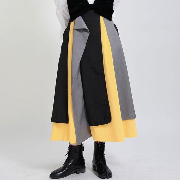 

skirts high elastic waist contrast color irregular yellow half-body skirt women fashion tide spring autumn 2021, Black