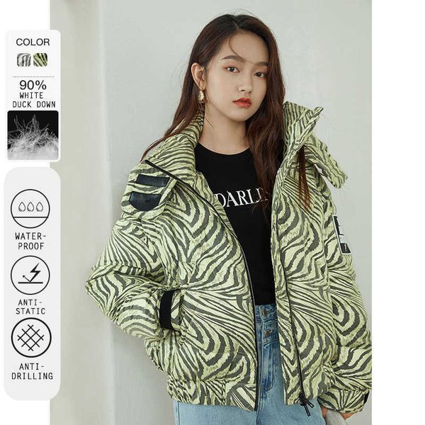 FANSILANEN Zebra-Print gestreifte kurze Daunenjacke Damen wasserdichter Oversize-Puffer-Wintermantel Damen grüner heller Parka 210607