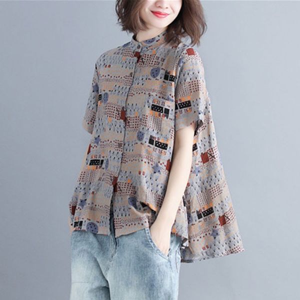 

oversized women cotton linen shirts new arrival summer vintage style stand collar print loose female casual s3543 210412, White