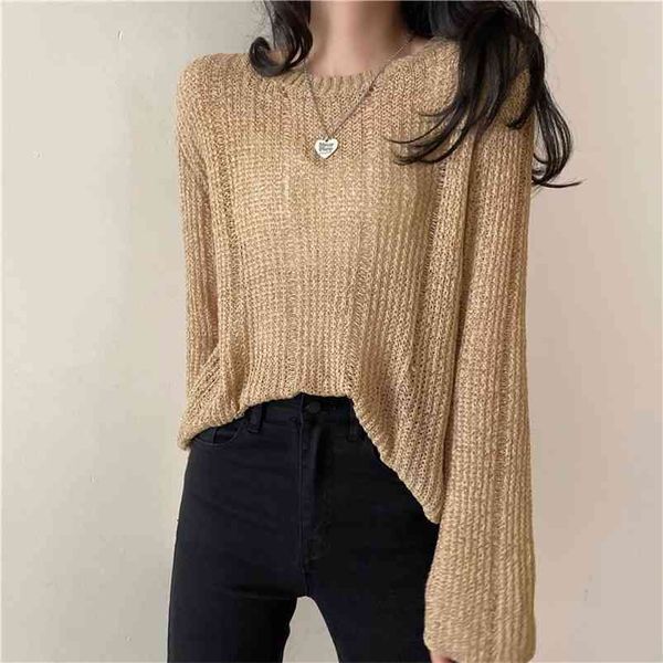 

spring autumn women's korean solid color round neck hollow long sleeve loose and thin casual female s gx423 210507, White
