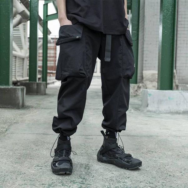 

black cargo pants drawsting hem tactical ripstechwear style avant garde fashion men's