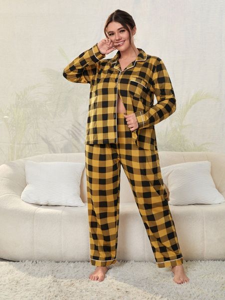 

plus plaid lapel neck button front pj set 36oj#, Black;white