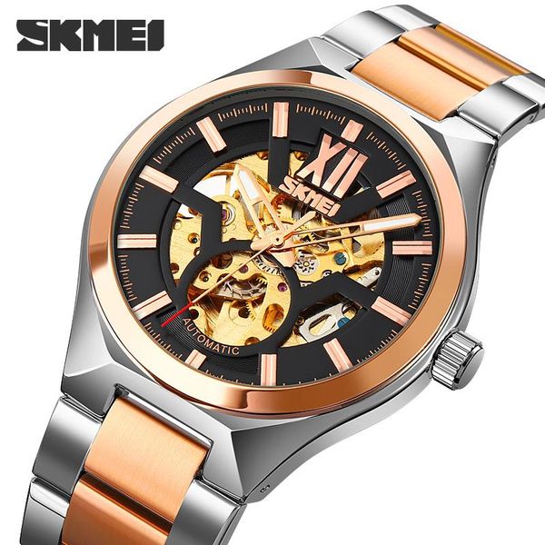 

wristwatches fashion hollow skeleton automatic watches skmei men watch full steel business original mechanical wristwatch, Slivery;brown