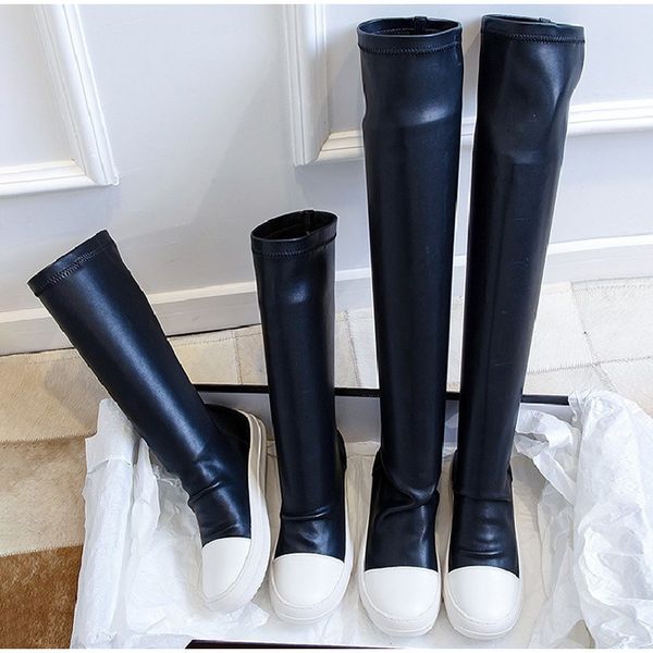 

women knee high long stretch boots round toe fion pleated leather black white stitching color velvet non-slip ladies shoes