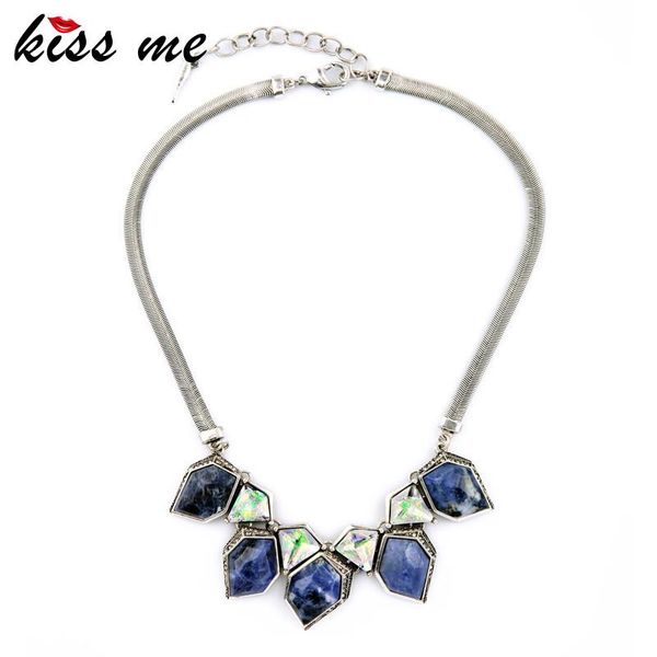 

pendant necklaces elegant fashion modern women snake chain blue stone geometric necklace factory wholesale, Silver
