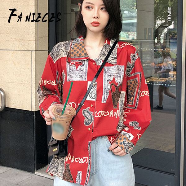 FANIECES Autunno donna vintage Modello rosso stampa Camicia camicette Beach casual femininas manica lunga streetwear top drop 210520