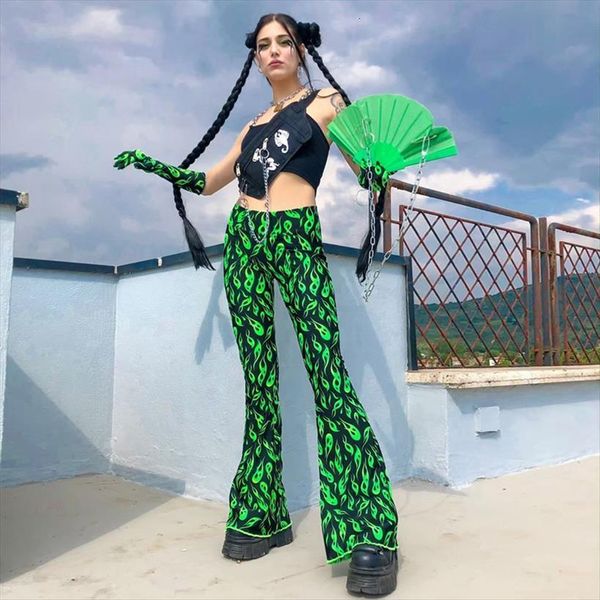 

green fire print flare womens pants high waist bell bottom summer women streetwear clothing female punk trousers, Black;white