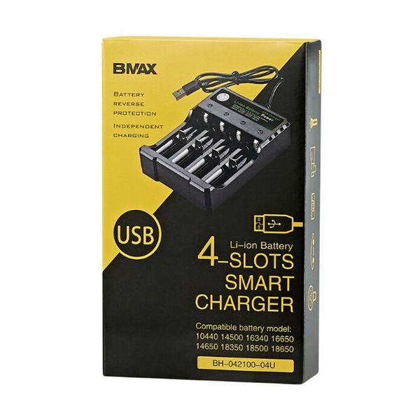 

bmax quad charger 18650 battery with 4 slots 90*30*122mm input dc 5v 1-2a output 4.2v 1000mah in stock
