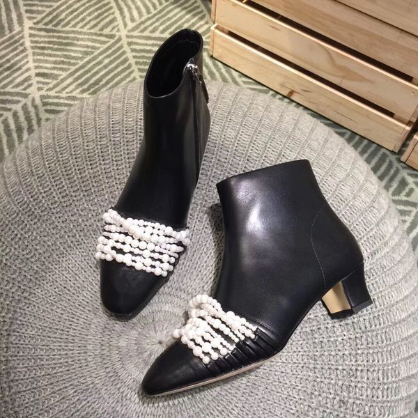

women shoes new winter genuine leather ankle boots pearls chain med heels designer shoes sewing zipper round toe botas femininas, Black