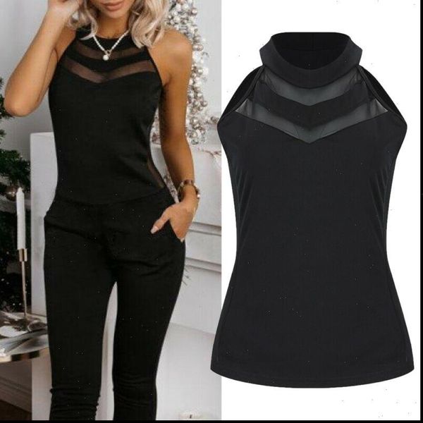

vintage women tanks summer halter see through mesh striped insert sleeveless high street vest t shirt fashion, White