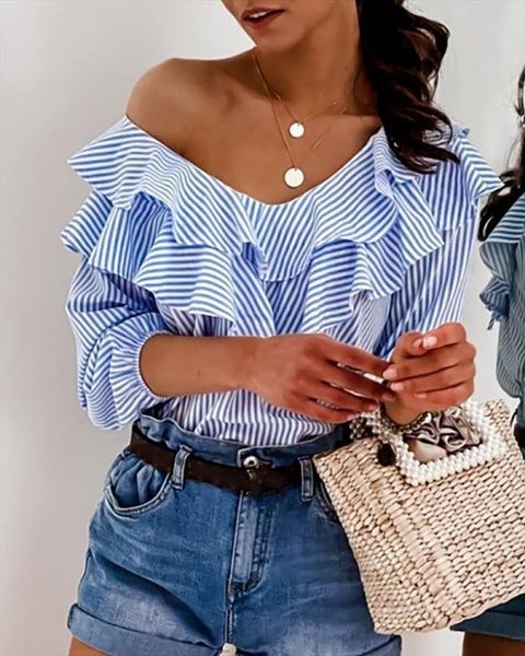 

striped retro long sleeve women shirt deep v neck ruffle summer casual style shirts workwear clothes, White