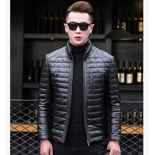 

men's leather & faux mens jacket 100% sheepskin collar business men down natural keep warm coat, Black