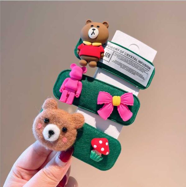 

hair accessories girl green handmade cute wool felt bear bb clip hairpins