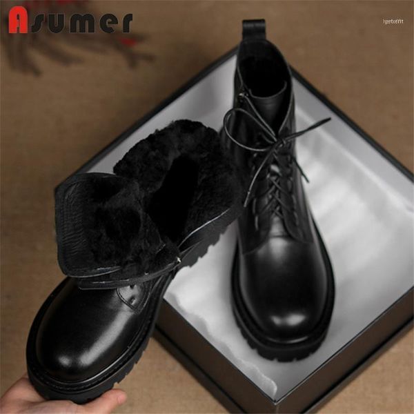 

boots asumer big size 42 genuine leather shoes women wool snow round toe zipper square heel warm casual ankle boots11, Black