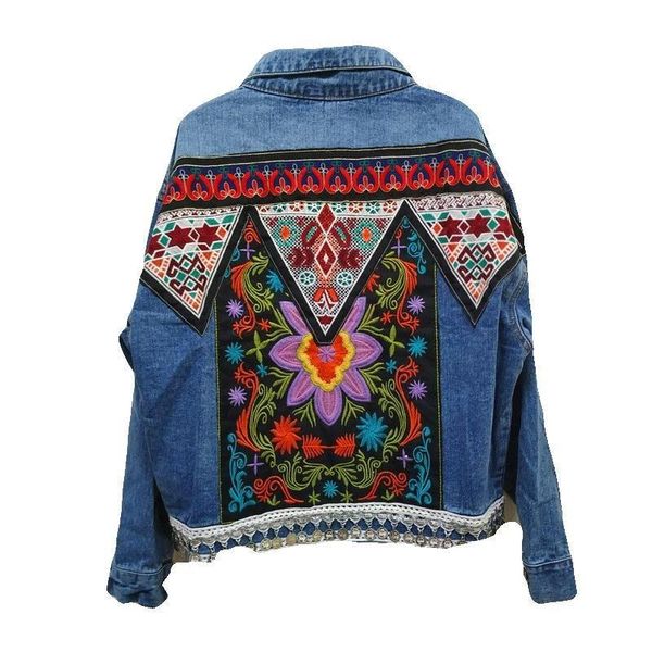 

men's jeans fashion national style retro embroidery jackets women's long-sleeved rivet denim coats spring coat for women, Blue